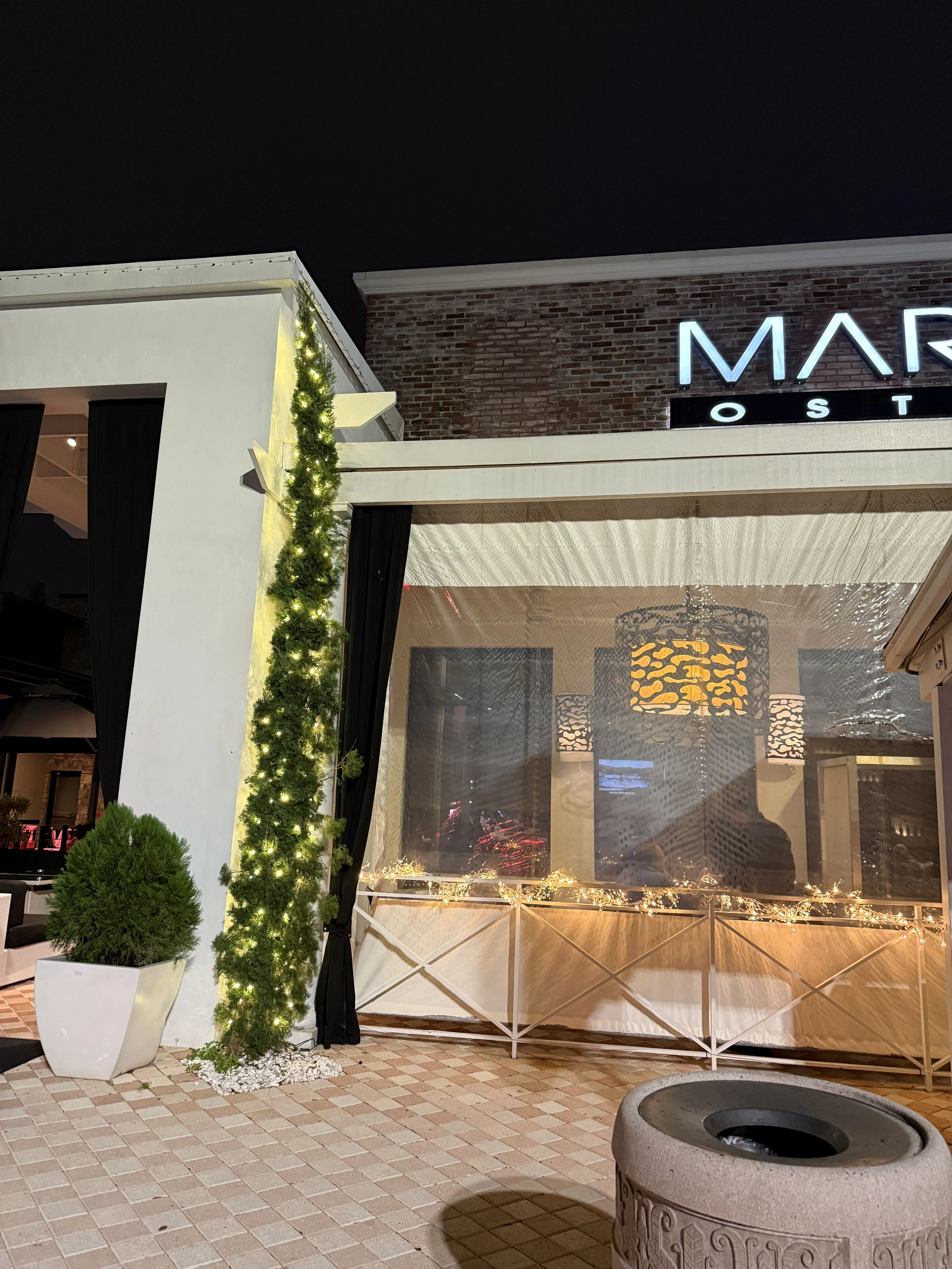 Upscale restaurant exterior with illuminated garland columns and sophisticated warm lighting