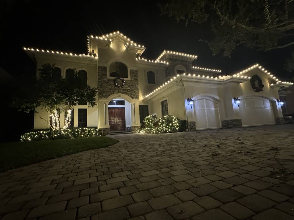 Architectural lighting design highlighting building facade and landscaping